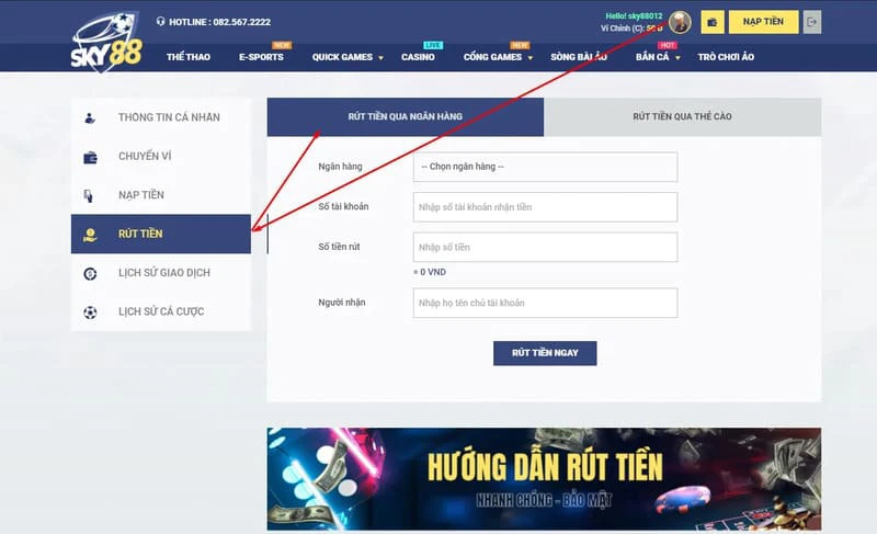 Hướng dẫn các bước rút tiền từ ví người chơi Sky88